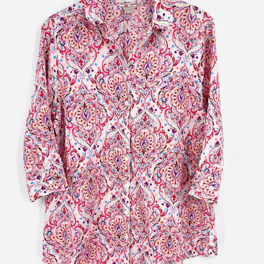 Chico’s Paisley Print No-Iron 100% Linen Tunic Top Button Shirt Size 3, XL, 1X - Picture 3 of 14